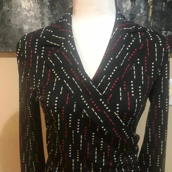 Vintage Express Black Red White Dot & Dash Design Faux Wrap Midi Dress-Size 5/6 - Picture 5 of 10